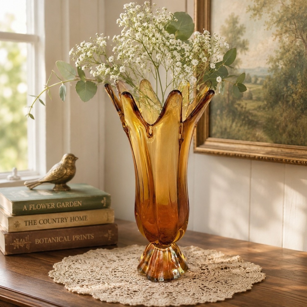 Elegant‎ Studio Art Glass Vase Viking Style Amber Stretched Footed Vintage MCM